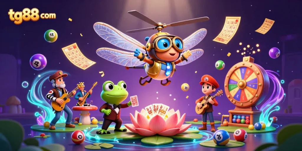 Embark on thrilling games at tg88 com, where a dragonfly pilot and frog croupier welcome you!