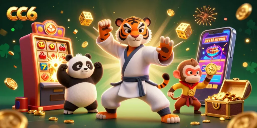 CC6 offers an exciting jackpot experience with a kung fu tiger, panda, and monkey in a vibrant casino scene.