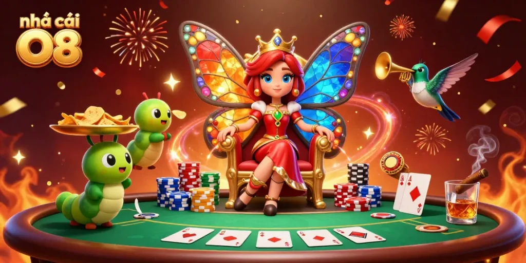 Experience lively gaming at nhà cái O8 with a vibrant 3D casino illustration showcasing poker thrills.