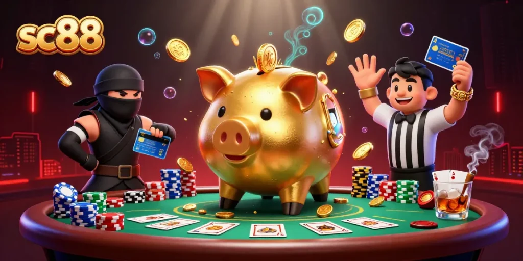 Watch the sc88 characters engage in a dynamic poker showdown with vibrant game elements.