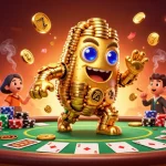 Experience dynamic gambling action with xim's golden golem amidst poker chips and slot reels.