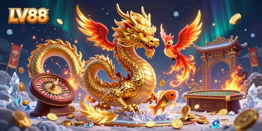 Experience the thrill of LV88 with a golden dragon, phoenix, and koi fish celebrating in a vibrant casino scene.