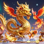 Experience the thrill of LV88 with a golden dragon, phoenix, and koi fish celebrating in a vibrant casino scene.