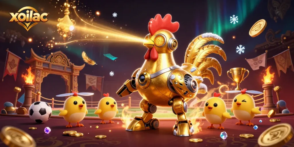 Engage with xoilac’s sports betting arena featuring a golden rooster robot and dynamic elements.