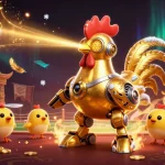 Engage with xoilac’s sports betting arena featuring a golden rooster robot and dynamic elements.