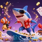 Experience thrilling gaming action with hitclub's vibrant casino scene featuring a shark riding golden waves of coins.