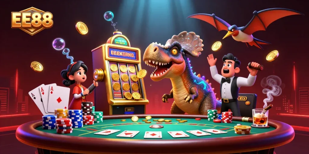 EE88 players engaging with vibrant casino scene, as a slot machine pays out jackpot coins amidst excitement.