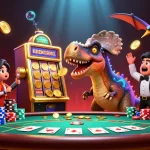 EE88 players engaging with vibrant casino scene, as a slot machine pays out jackpot coins amidst excitement.