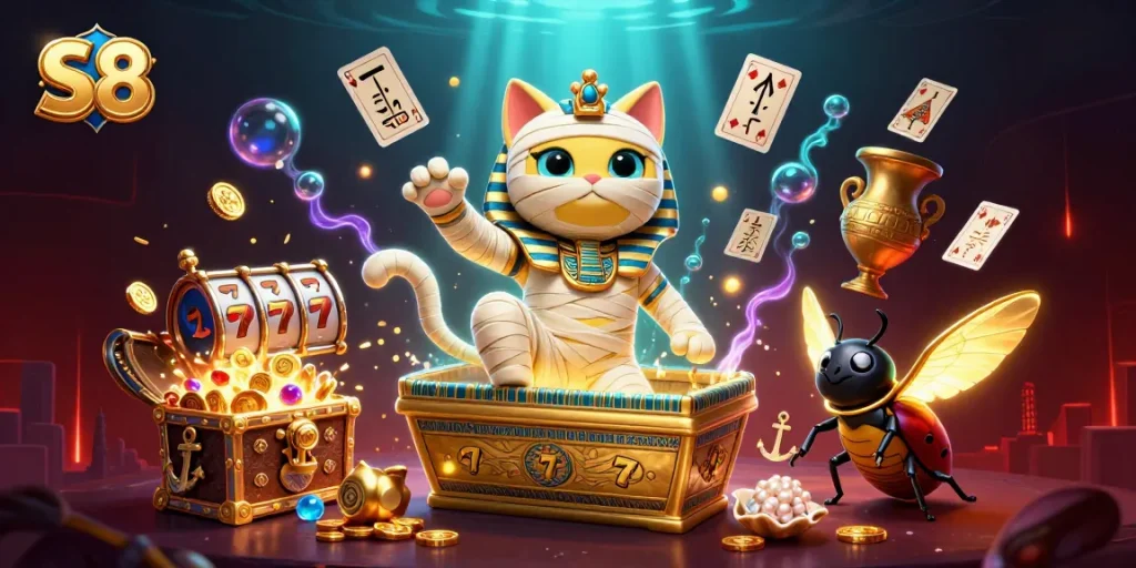 Experience exhilarating wins at S8 with the Egyptian mummy cat and gold treasures in an animated casino.