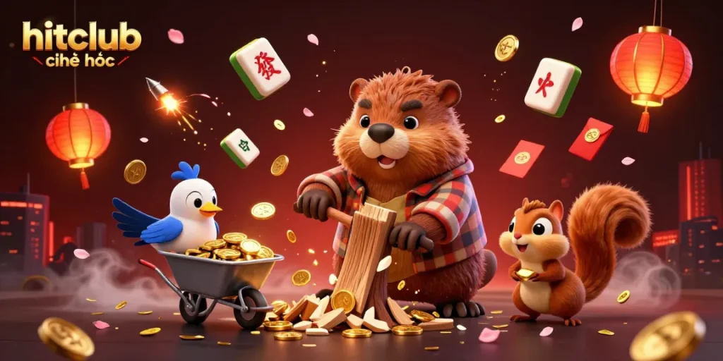 Engage with hitclub chính thức as the charismatic beaver rains golden coins in a vibrant casino scene.