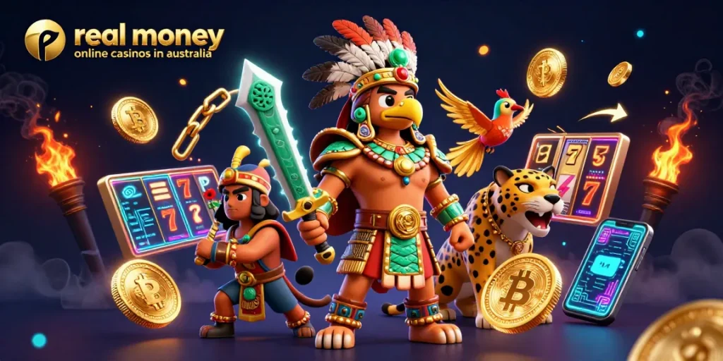 Engage in real money online casinos in Australia with vibrant 3D illustration showcasing Aztec warriors and games.