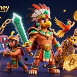 Engage in real money online casinos in Australia with vibrant 3D illustration showcasing Aztec warriors and games.