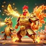 Engage with zbet in a vibrant 3D illustration featuring a rooster warrior, dragon hatchling, and fortune cat amidst a gambling arena.
