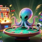 Join the 999jili adventure as an alien octopus plays poker amidst a vibrant casino backdrop filled with excitement.