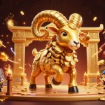 Bet and win at rikvip with captivating golden ram charging through a dynamic casino scene.
