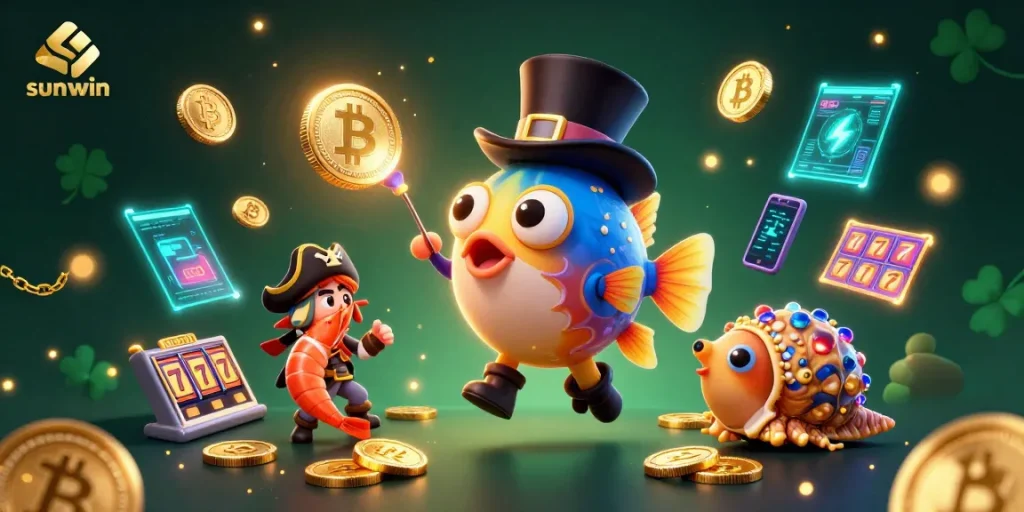 Win big at sun-win casino with a vibrant scene of characters attracting gold coins and crypto elements.