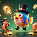 Win big at sun-win casino with a vibrant scene of characters attracting gold coins and crypto elements.