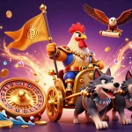 Experience thrilling live betting with okwintv, showcased by a majestic rooster warlord and gambling elements.