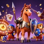Experience sun-win as the joyful knight and puppy navigate their casino adventure with golden treasures.