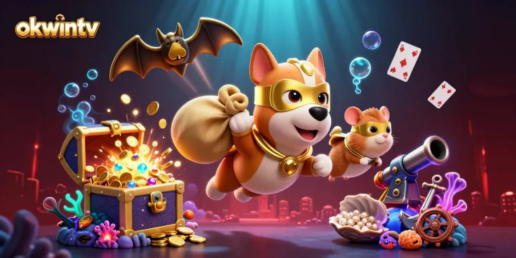 Experience thrilling gaming action with okwintv, featuring captivating 3D characters and vibrant casino elements.