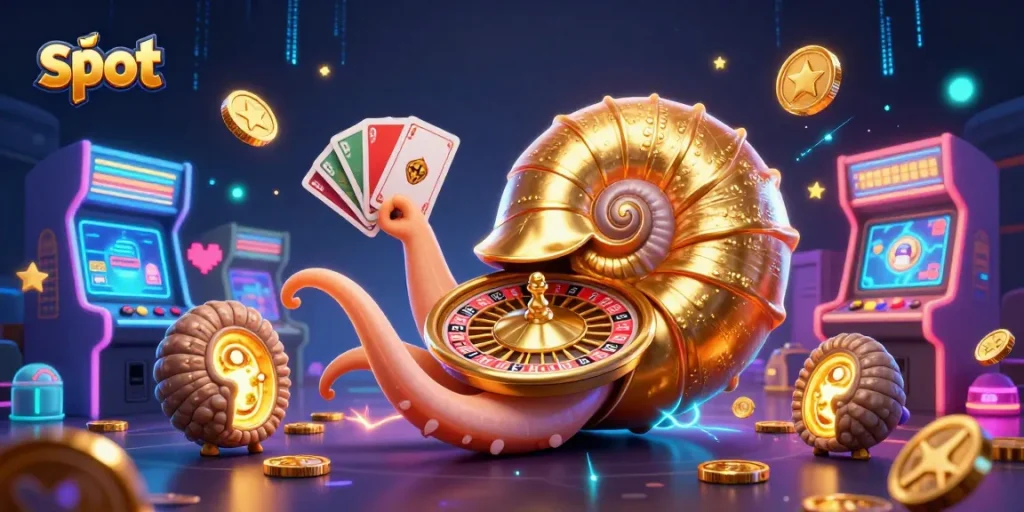 Play slots with a vibrant nautilus character surrounded by glowing gaming elements.