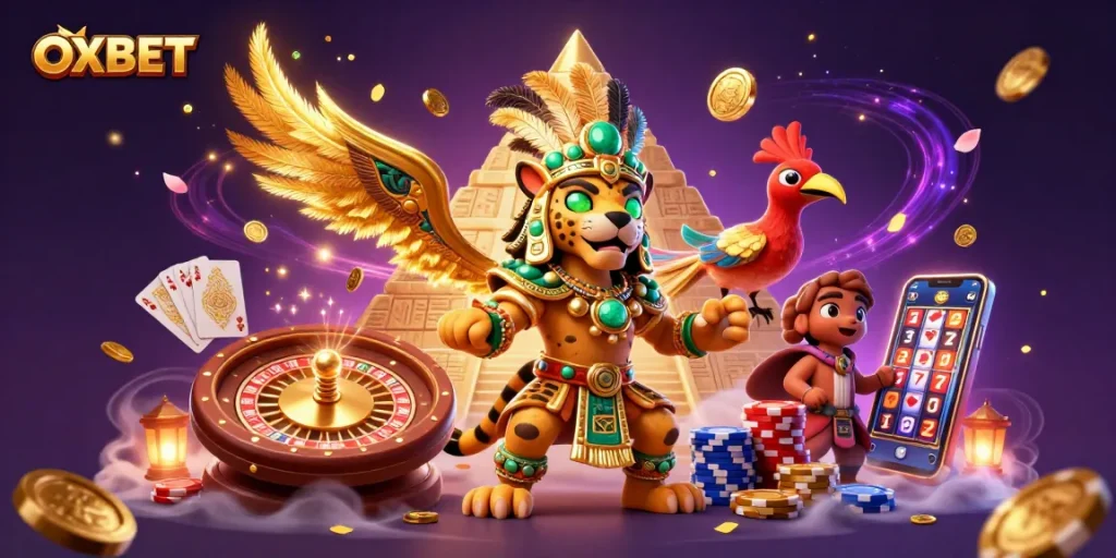 Play your favorite games at OXBET with a rich 3D casino illustration showcasing vibrant characters and dynamic action.