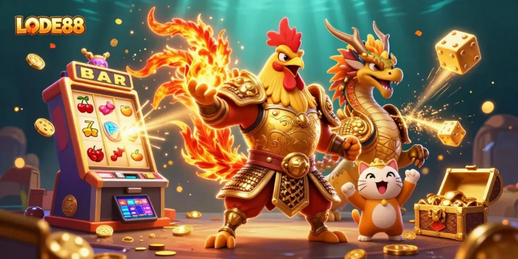 Win big with LODE88 at this thrilling online casino illustrated scene featuring dynamic gaming elements.