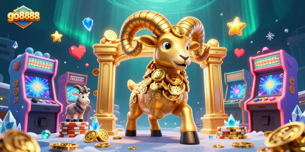 Join the excitement at go8888 with a dynamic scene of a golden ram charging through a casino adventure.