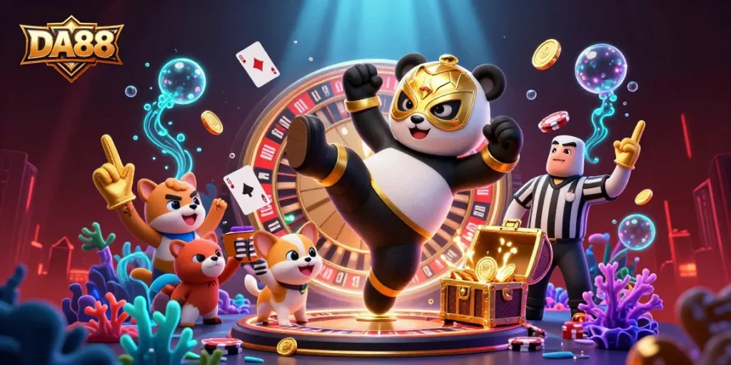 Join the DA88 excitement with the panda wrestler kicking off a thrilling betting game!
