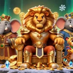 Engage with FIVE88: A lion king on a golden throne amidst dynamic casino elements.