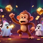 Immerse yourself in the electrifying world of DEBET gaming with a haunted casino illustration featuring a playful monkey and ghost-hunter puppy.