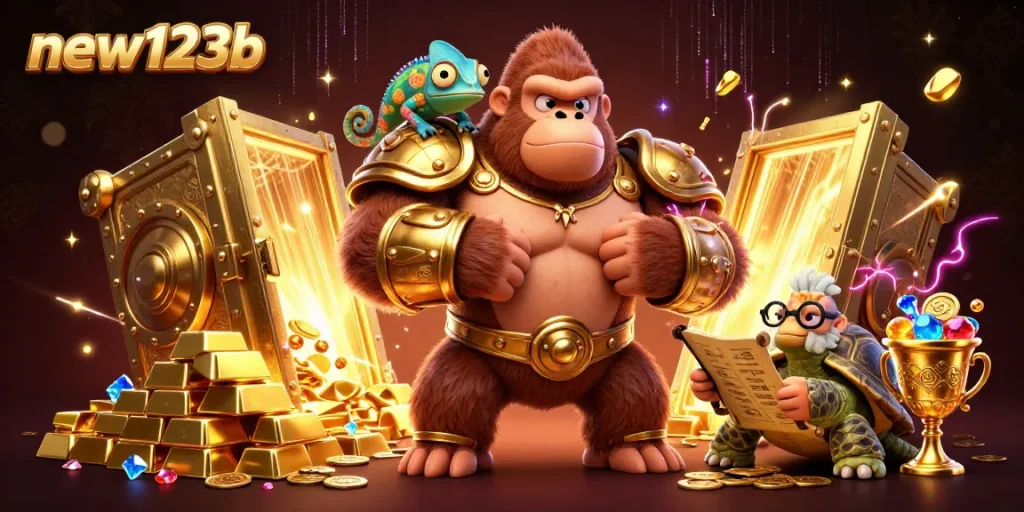Join the adventure at new123b with a powerful gorilla king and treasures galore in this dynamic casino scene.
