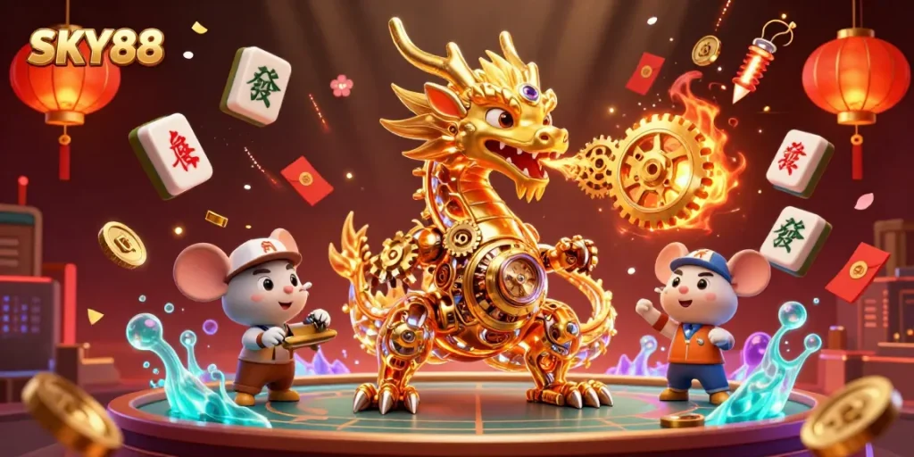 Bet on your favorite games with SKY88, featuring a golden dragon and rich casino elements.