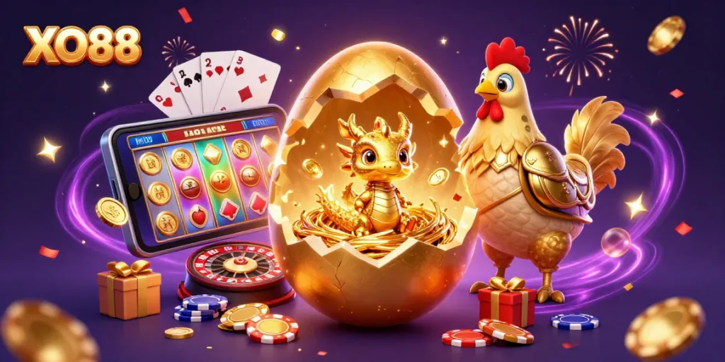 Experience excitement with XO88 as a golden dragon and mother hen guard dazzling gambling elements.