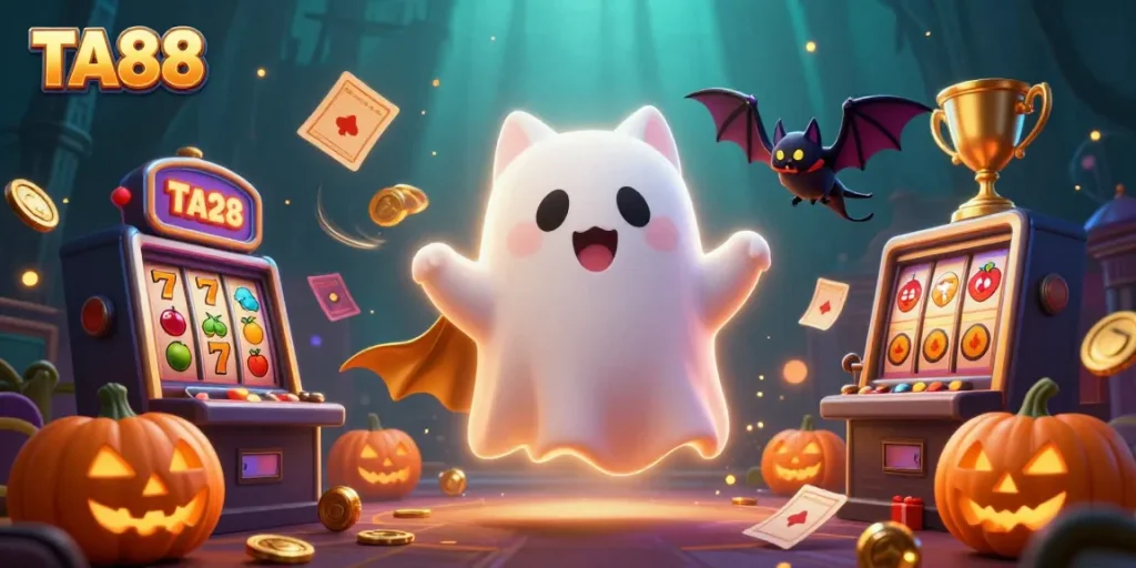 TA88 casino illustration featuring a floating ghost cat with a vampire bat, surrounded by slot elements.
