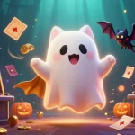 TA88 casino illustration featuring a floating ghost cat with a vampire bat, surrounded by slot elements.