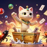 Win exciting prizes with nohu90's vibrant illustration featuring an Egyptian mummy cat and a lottery theme.