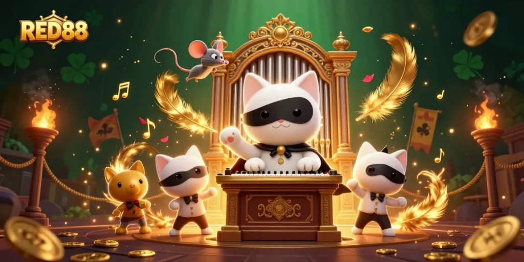 Engage with RED88 in a vibrant casino scene featuring an enchanting cat, acrobat, and golden elements.