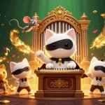 Engage with RED88 in a vibrant casino scene featuring an enchanting cat, acrobat, and golden elements.