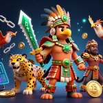 TOT88 dynamic scene featuring Aztec characters with cryptocurrency elements and vibrant effects.
