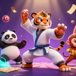 Win big at DA88 with a thrilling scene of a kung fu tiger, a panda, and a monkey amidst lottery excitement.